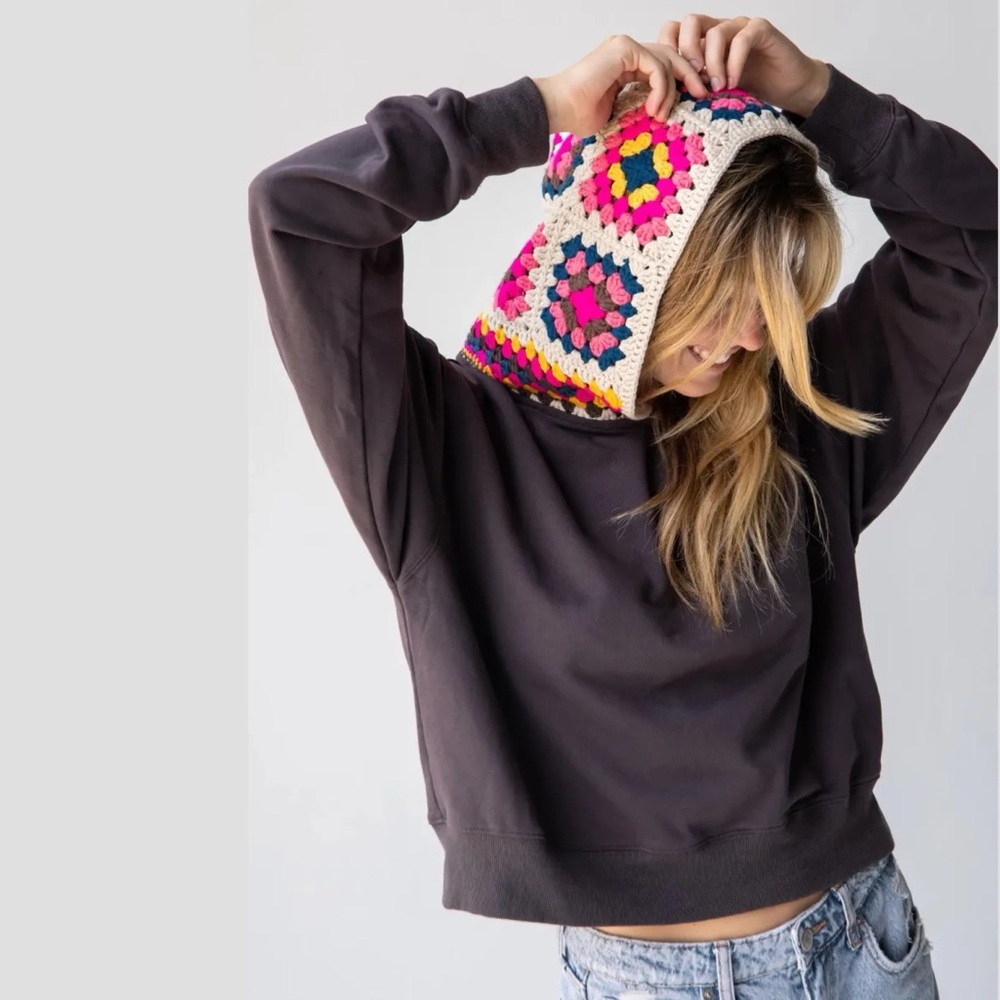 Natural Life Crochet Hood Sweatshirt in Charcoal Small / Medium